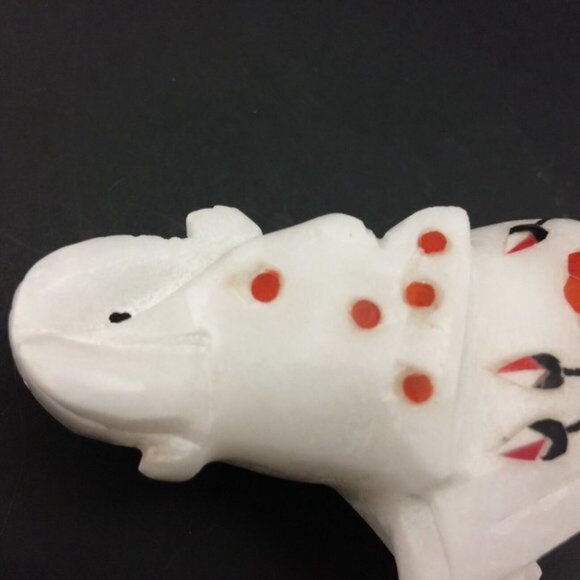 White Marble Elephant Figurine with Stone Inlay Floral Motif Trunk Up Handmade - Picture 13 of 16